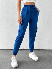 Cottnline Flap Pocket Side Drawstring Waist Sweatpants - Blue - View 2