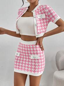 SHEIN PETITE Spring/Summer Casual Short Houndstooth Cropped Top & Slim Mini Skirt Set - Pink - View 7
