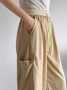 FRIFUL Women Casual Color Blocking Drawstring Waist Wide Leg Pants With Multiple Pockets