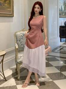 DAZY Đầm dạ hội xếp ly eo không tay màu sắc thường ngày xuân hè cho nữ - màu nâu - Xem 2