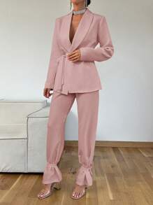 EURMUSE Jacket With Belt And Cuff Detailed White 2 Piece Women's Suit - Dusty Pink - View 3