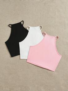 SHEIN EZwear 3pcs/Set Summer Casual Ribbed Scoop Neck Slim Fit Tank Tops For Women