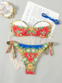 SHEIN Swim Conjunto de Bikini de Verano Estilo Vacacional con Estampado Integral sin Tirantes y sin Espalda