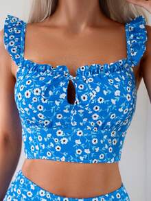 SHEIN Swim Bãi Biển Mùa Hè Ngày Lễ Tankini Bộ Nữ In Hoa Thắt Trước Firll Viền Xù Nắp Tay Tankini Trên Và Quần Bơi - Nhiều màu - Xem 4