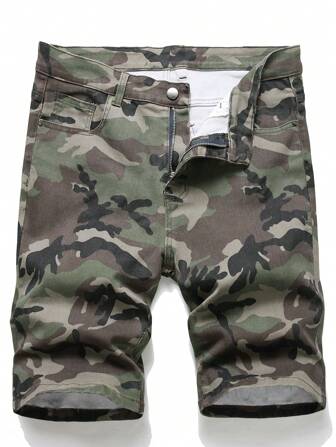 European And American Men Camouflage Distressed Denim Shorts Jorts