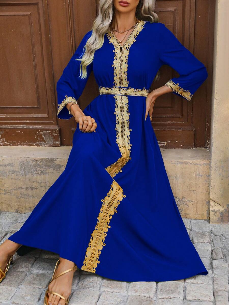 SHEIN Unity Spring And Summer Elegant Colorblock Lace Patchwork Long Dress, Modest Kaftan