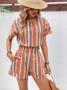 SHEIN LUNE Vintage Casual Sọc Họa Tiết Thoáng Khí Áo Sơ Mi Tay Ngắn Có Lưng Co Giãn Quần Short Bộ 2 Món Dành Cho Nữ - Nhiều màu - Xem 4