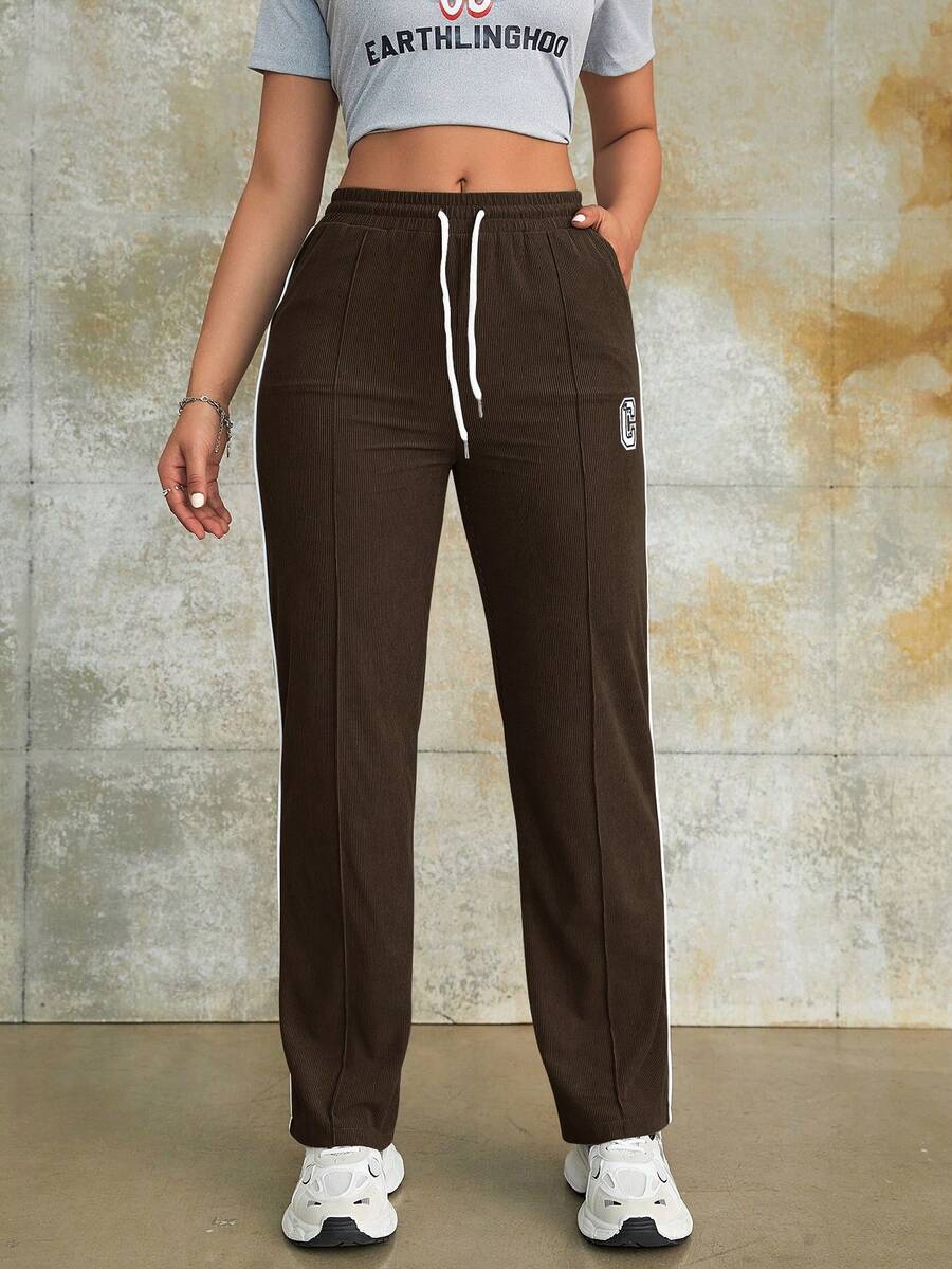 Street Style Elastic Drawstring High Waist Letter Print Corduroy Side Pocket Wide Leg Casual Pants, Comfortable Daily Wear