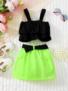 Baby Girl Solid Color Ruffle Strap Top And Waist Belted Shorts Set - Black - View 2