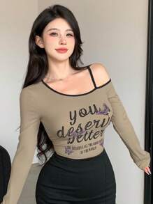DAZY Women Spring Casual Butterfly Slogan Print Slim Fit Long Sleeve T-Shirt IN THE WORLD YOU DESERVE ALL THE GOOD THINGS  YOU DESERVE BETTER