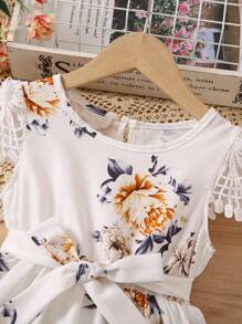 SHEIN 少女假日休閒印花蕾絲拼接連衣裙 - 白色 - 查看 6