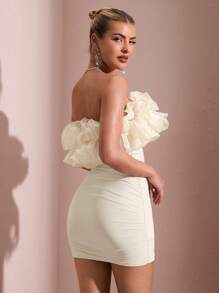 SHEIN BAE Phụ nữ phóng đại Ruffle Edge Strapless Slim Fit Lưới xếp li Lễ tốt nghiệp Váy dạ hội - Màu be - Xem 2