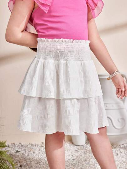 SHEIN Tween Girl Extended Size Casual And Holiday Spring/Summer Woven Solid Color Mini Cake Skirt