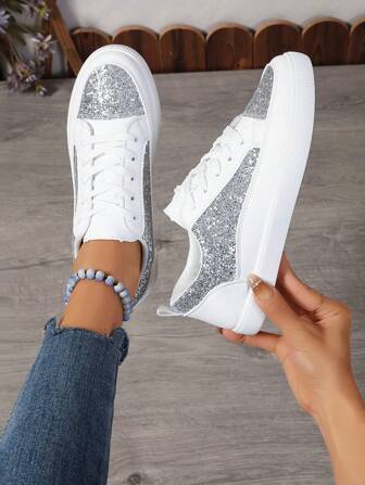 Women Casual Glitter Silver Sports Shoes, Flat Sneakers For Students, White Running Shoes