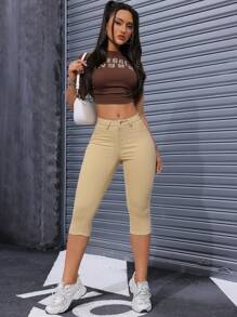 SHEIN EZwear 女士純色簡約款牛仔褲褲裝 - 卡其色 - 查看 2