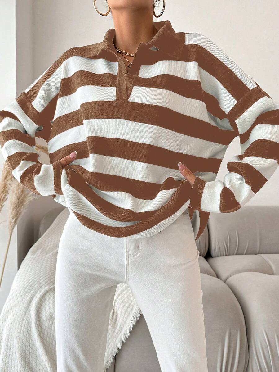 EURMUSE Striped Pattern Drop Shoulder Polo Neck Sweater - Yellow - View 1