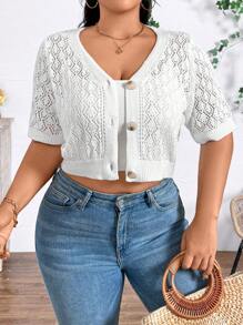 Calvaya Chaqueta casual de talla grande para mujer con manga corta de unicolor de verano con cuello en V y diseño calado en la parte delantera