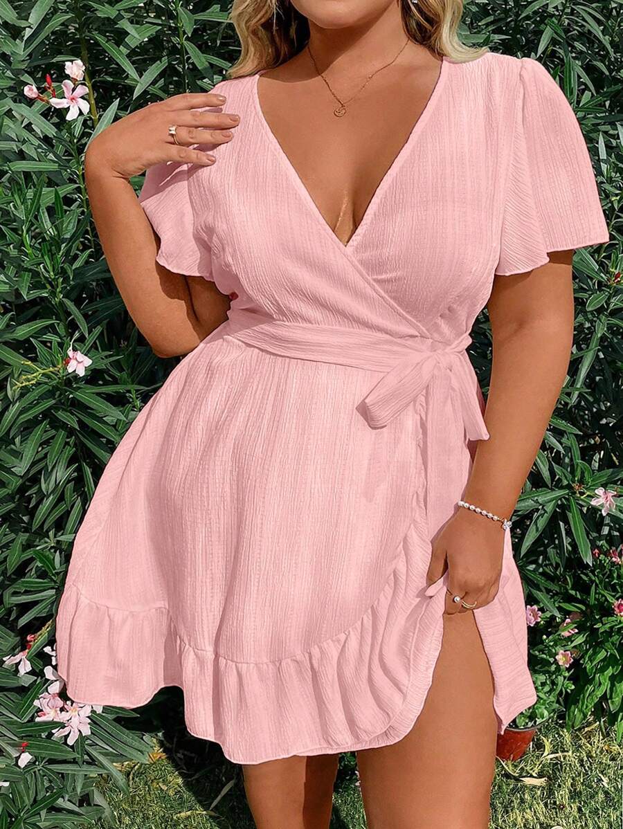 Flirla 大码纯色 V 领交叉腰带连衣裙度假海滩装女式 - 淺粉色 - 查看 1