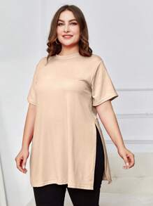 INAWLY 95% Polyester 5% Spandex Plus Size Round Neck Split Hem Plain T-Shirt - Khaki - View 4