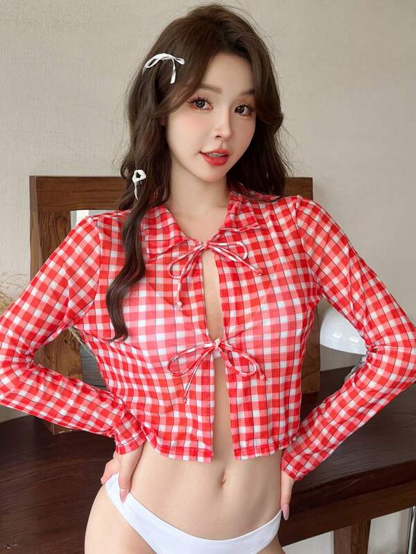 Vintage Plaid Print Ribbon Tie Long Sleeve Summer Vacation Fashion Kimono Jacket
