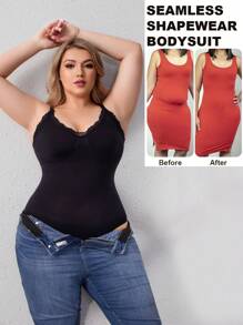 Plus Size Lace Patchwork Monochromatic Bodysuit Shapewear