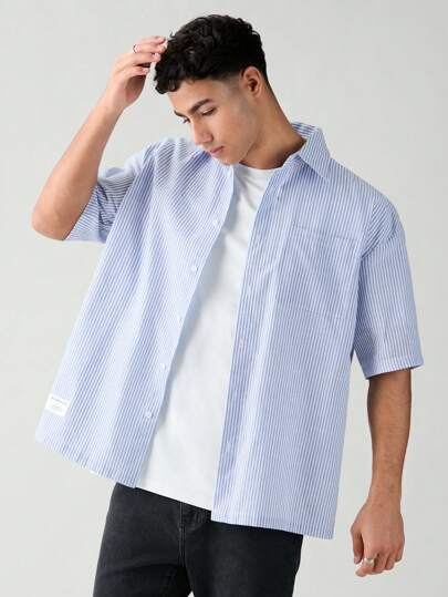 SWAVVY Men Short Sleeve Woven Striped Button-Down Shirt With Chest Pocket, Suitable For Casual Or Office Wear In Summer, Office Cotton Collar Shirt, For Friends