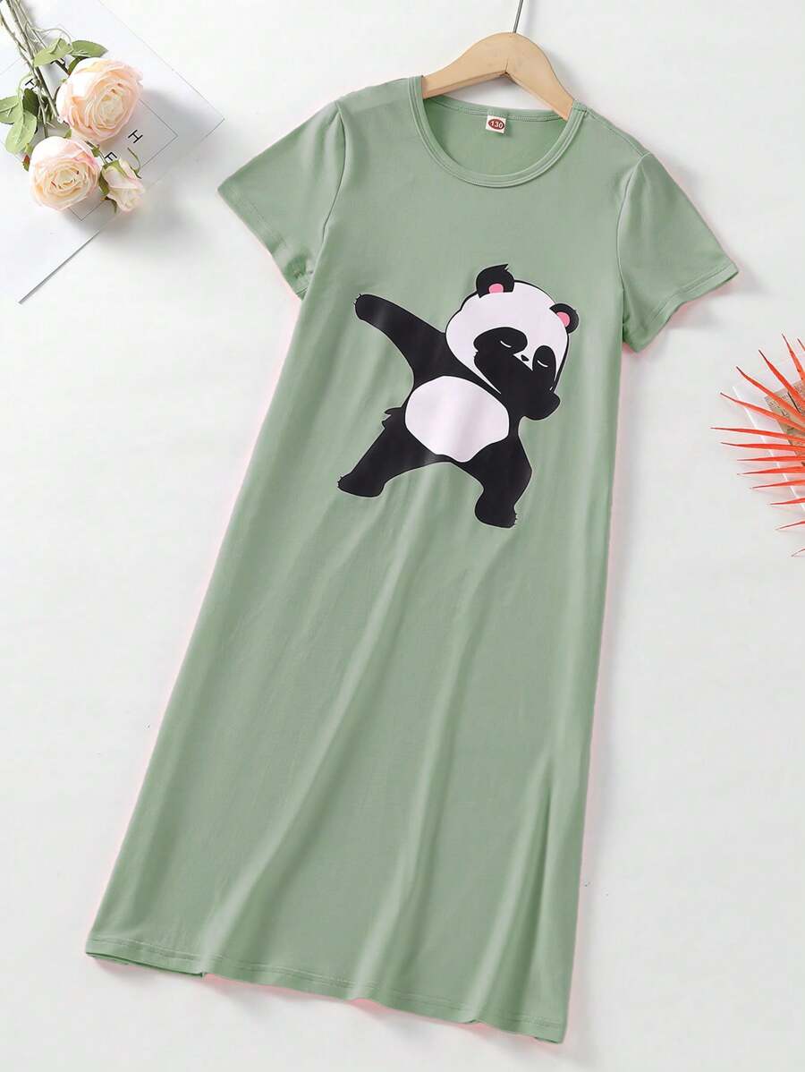 Váy ngủ ngắn tay in hình gấu trúc màu xanh lá cây cho bé gái Tween Mặc nhà - màu xanh lá - Xem 1