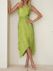 SHEIN Privé Summer Women Pleated Solid Color One Shoulder Sleeveless Waist Twist Asymmetrical Hem Fashion Dress