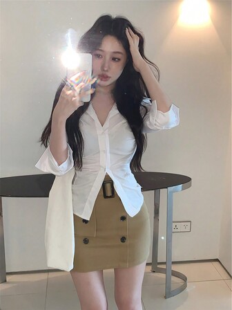 Women's Buttoned Shirt With Waist Cinching Design,Long Sleeve Tops