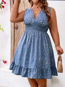 SHEIN CURVE+ 大碼女性夏季波點印花V領無袖休閒連衣裙，配腰帶 - 彩色 - 查看 3