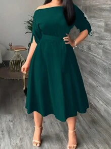 Plus Size Solid Color Asymmetric Collar Waist Casual Dress - Dark Green - View 4