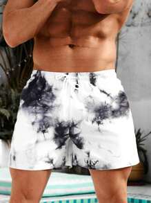 Manfinity VDAYZ Pantalones cortos de natación con cordón elástico en la cintura con estampado de teñido anudado para hombres, para la piscina, vacaciones - Blanco - Ver 1