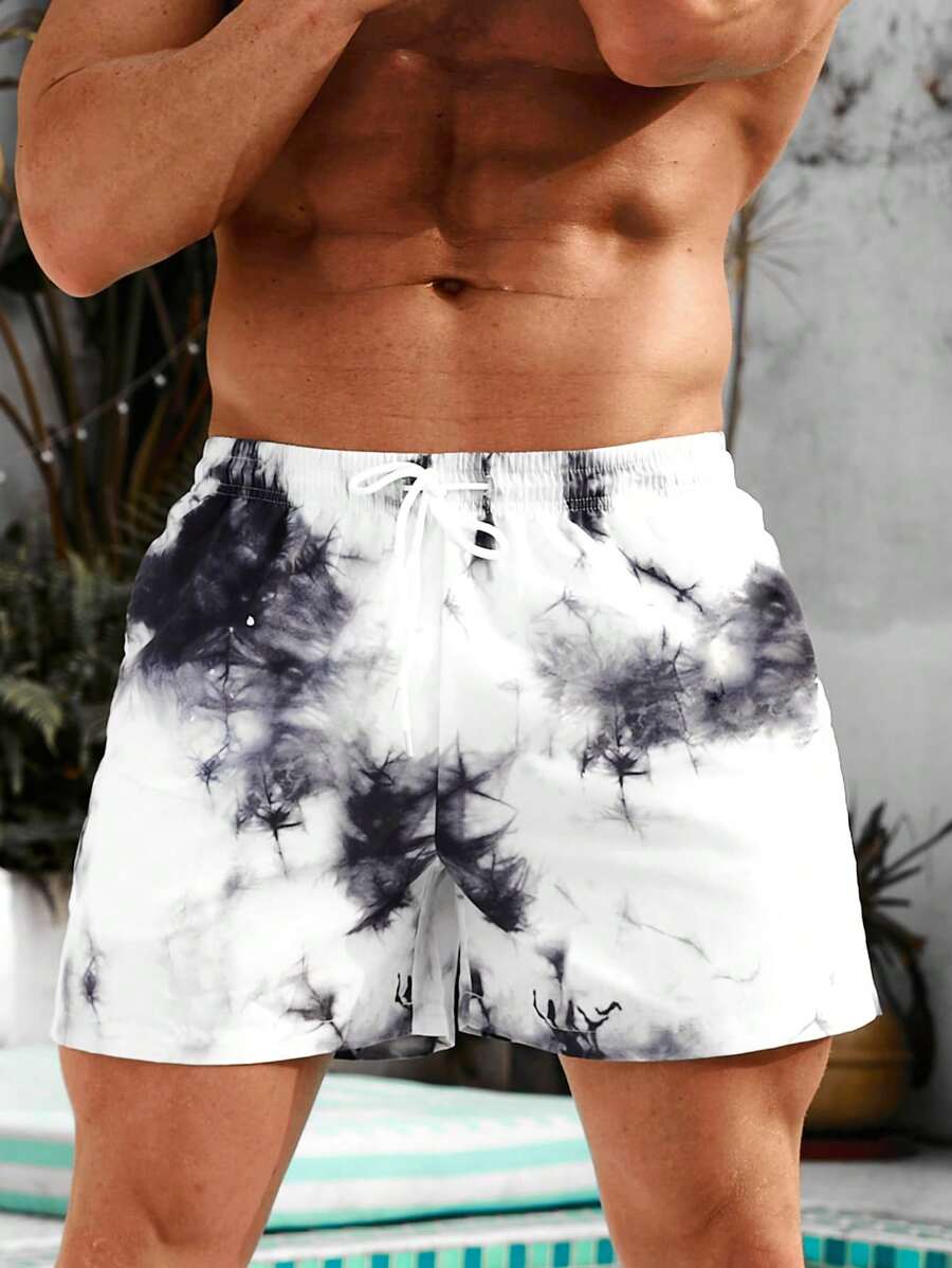 Manfinity VDAYZ Pantalones cortos de natación con cordón elástico en la cintura con estampado de teñido anudado para hombres, para la piscina, vacaciones - Blanco - Ver 1