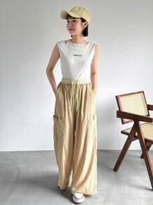 FRIFUL Women Casual Color Blocking Drawstring Waist Wide Leg Pants With Multiple Pockets