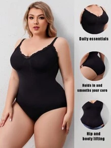 Plus Size Lace Patchwork Monochromatic Bodysuit Shapewear