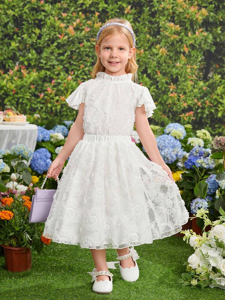 Young Girl Wedding/ Party Outdoor Mesh Flower Cap Sleeves Top And Skirt Two Pieces Set