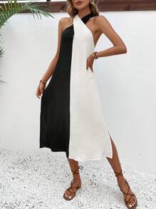 SHEIN Clasi Ladies Fashionable Summer Color Block Halterneck Dress - Black and White - View 3