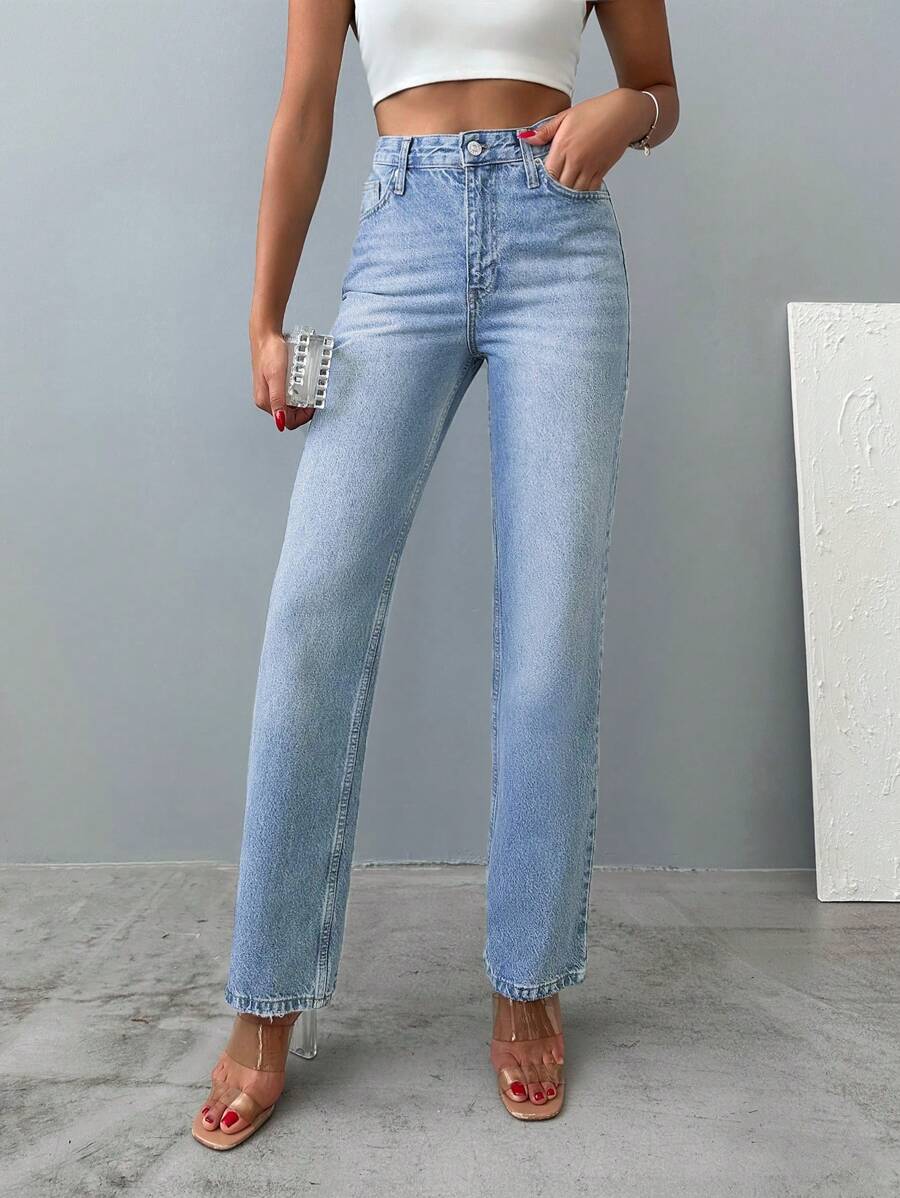High-Waist Casual Straight Leg Jeans