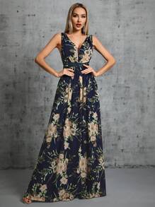 花卉印花撞色亮片雪纺伴娘礼服优雅连衣裙