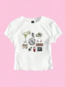 Flirla Camiseta Cropped Slim Fit Estampada com Bola Metálica e Letras, Gráficos Femininos de Verão