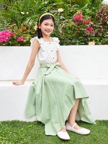 SHEIN Váy suông dài đến bắp chân đơn giản, dáng rộng, thường ngày, màu trơn, không đối xứng, đơn giản cho bé gái tuổi mới lớn - màu xanh lá - Xem 3