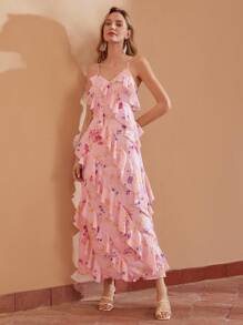 MOTF PREMIUM FLORAL PRINT LAYERED RUFFLE TRIM SLIP DRESS - Multicolor - View 2
