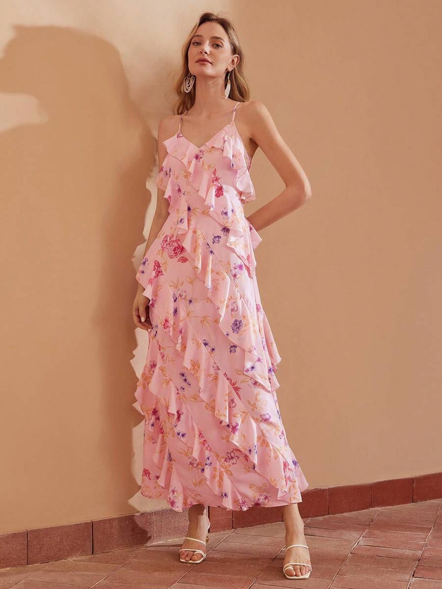MOTF PREMIUM FLORAL PRINT LAYERED RUFFLE TRIM SLIP DRESS