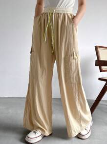 FRIFUL Women Casual Color Blocking Drawstring Waist Wide Leg Pants With Multiple Pockets