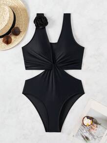 SHEIN Swim 假日純色扭結空心3D花卉裝飾連身泳衣，夏季海灘 - 黑色 - 查看 3