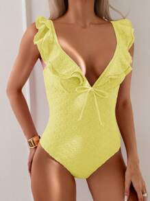 SHEIN Swim 夏季沙灘女士假日純色接縫荷葉邊前打結時尚一片式泳衣 - 黃色 - 查看 3