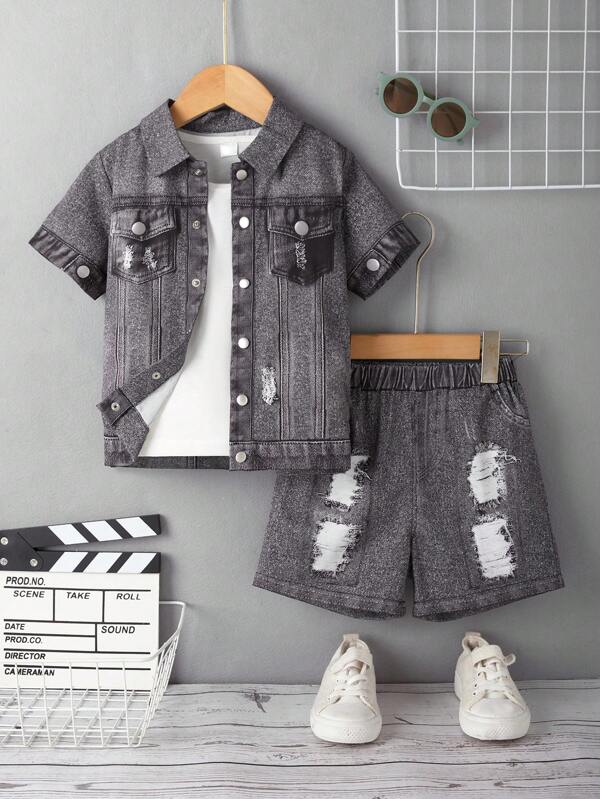 SHEIN Young Boys' Denim Effect Ripped Two-Piece Outfit With Pocket, Cool Street Style