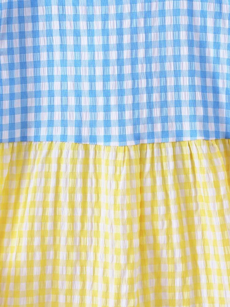 Young Girl Plaid Color Block Bubble Sleeve Holiday Leisure Dress