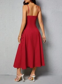 SHEIN PETITE Ladies Summer Solid Color Waist Tie Pleated Long Simple Elegant Spaghetti Strap Dress