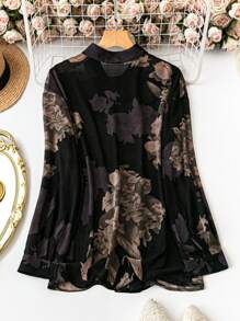 SHEIN Clasi Damska koszula w rozmiarze plus size, wiosna/lato, luźny krój, z kwiatowym nadrukiem, z długim rękawem